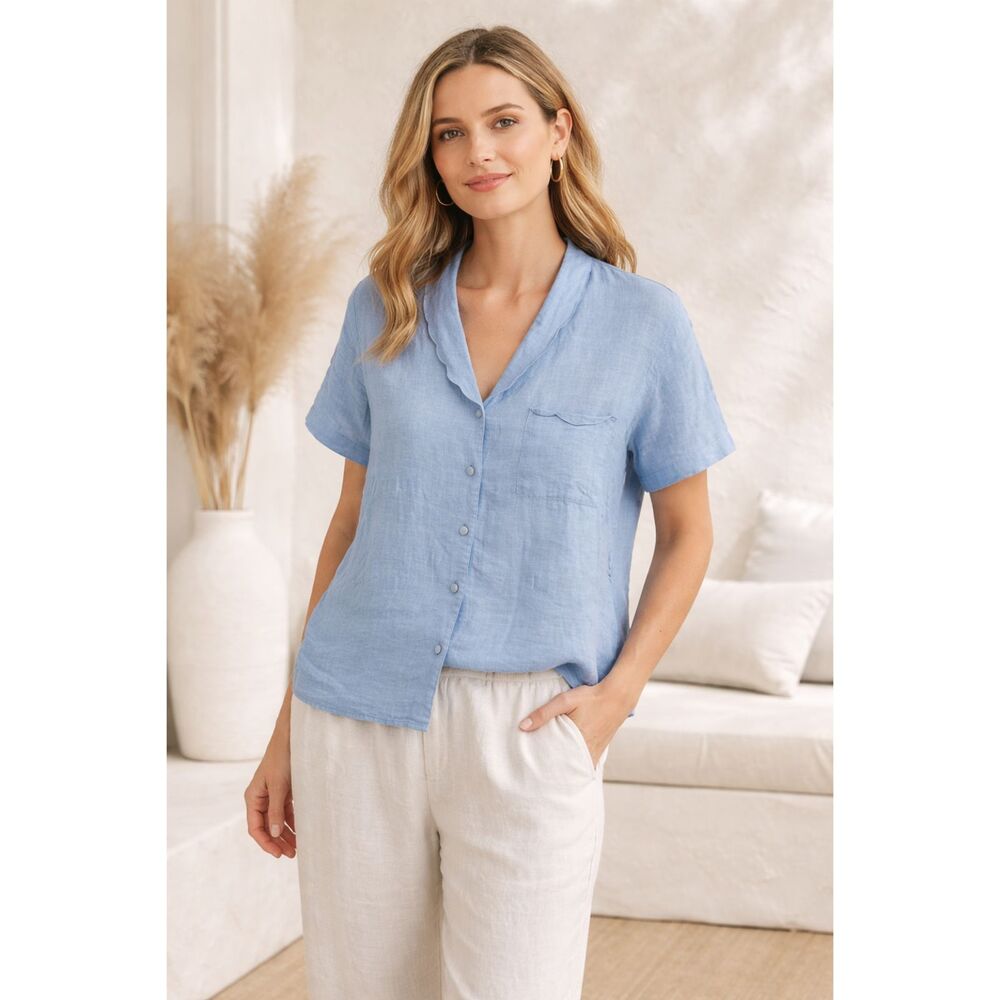 Richard Malcolm 100% Irish Linen Scalloped Collar Button Down Blouse Blue10